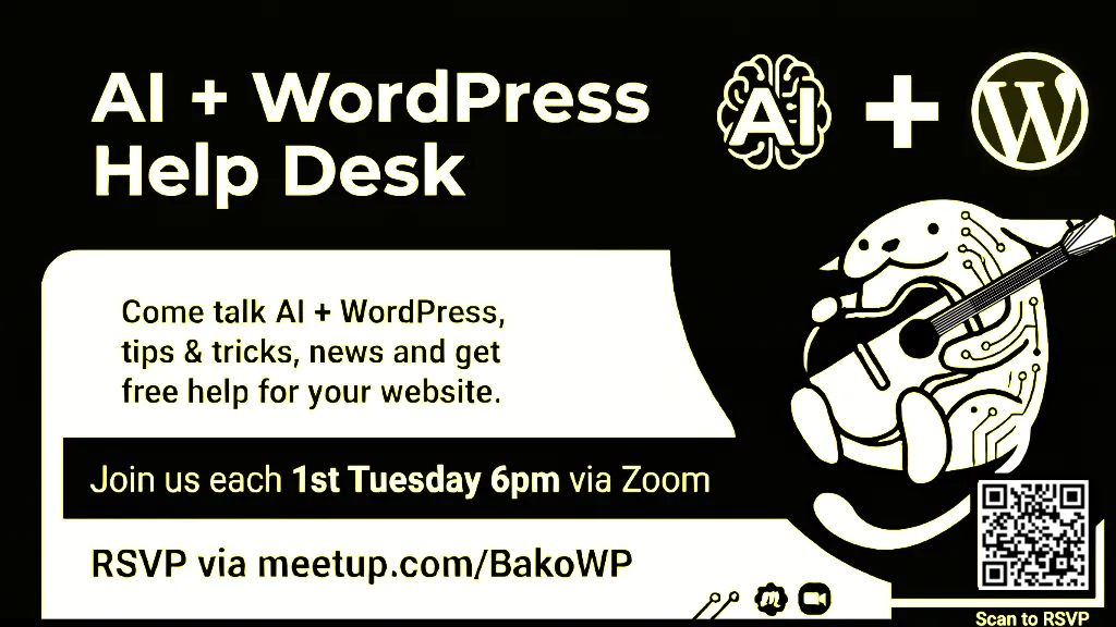 Black and white info with help desk info plus image of Wappu, the WordPress mascot